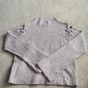 John + Jenn Cream Turtleneck Sweater with Lace-Up Shoulders